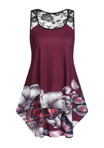 Plus Size Floral Butterfly Print Flare Tank Top - Red Wine L