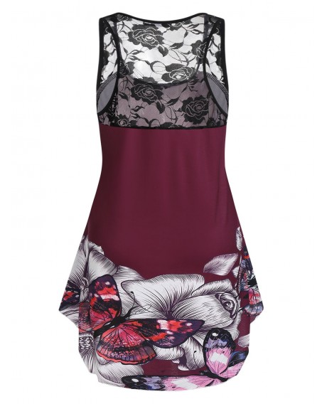 Plus Size Floral Butterfly Print Flare Tank Top - Red Wine L