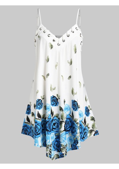 Plus Size Floral Leaves Print Flare Cami Top - White L