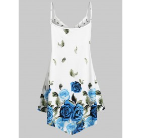 Plus Size Floral Leaves Print Flare Cami Top - White L