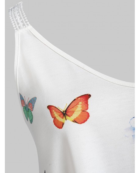 Plus Size Asymmetrical Butterfly Print Tank Top - White L