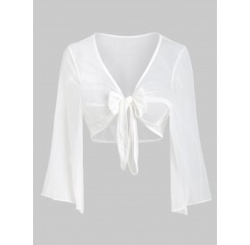 See Thru Cropped Knotted Plus Size Blouse - White 3x
