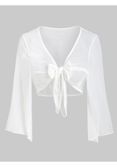 See Thru Cropped Knotted Plus Size Blouse - White 3x