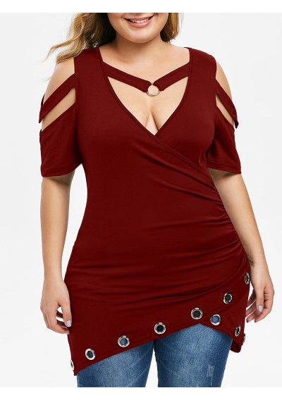 Plus Size Cut Out Front Cross T-shirt - Red Wine L