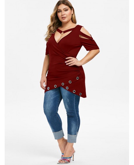 Plus Size Cut Out Front Cross T-shirt - Red Wine L