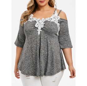 Plus Size Cold Shoulder Lace Crochet Empire Waist T-shirt - Battleship Gray L