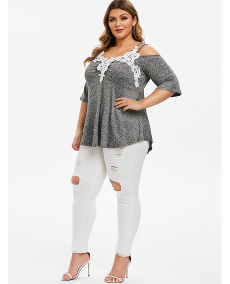 Plus Size Cold Shoulder Lace Crochet Empire Waist T-shirt - Battleship Gray L