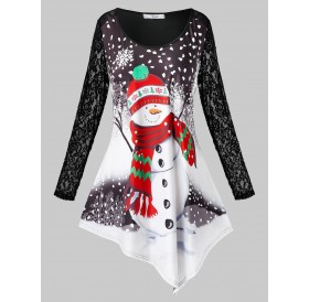 Plus Size Lace Sleeve Snowman Print Christmas T Shirt - Black L