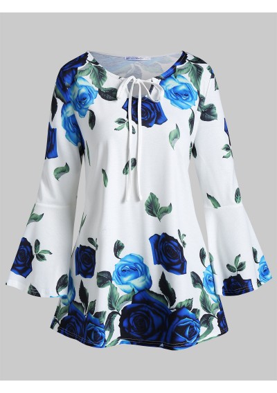Plus Size Floral Print Bell Sleeve T-shirt - White L