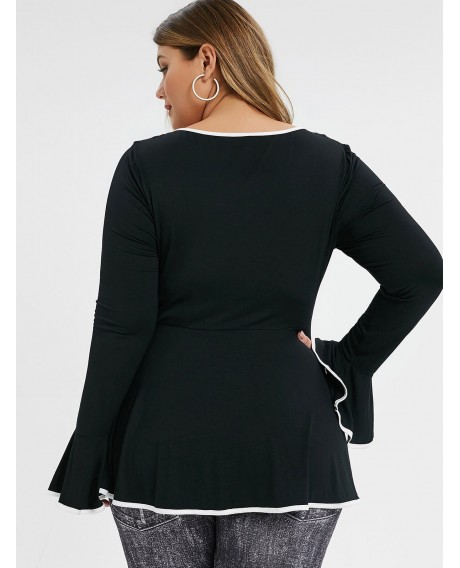 Plus Size Contrast Piping Flare Sleeve T-shirt - Black 1x