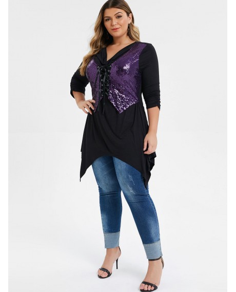 Plus Size Lace Up Sequined Asymmetrical Tunic Tee - Black 1x