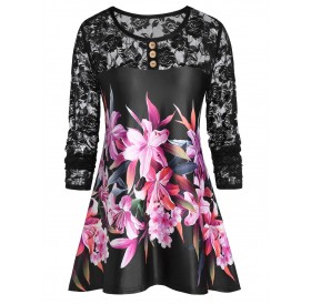 Plus Size Lace Panel See Thru Floral Print T Shirt - Black L