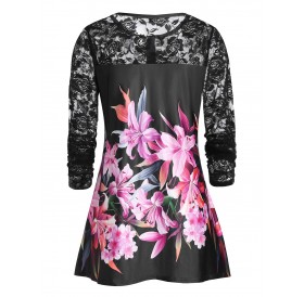 Plus Size Lace Panel See Thru Floral Print T Shirt - Black L
