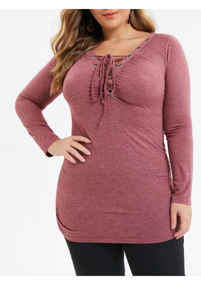 Plus Size Lace Up Grommet Long Sleeve Tunic Tee - Red Wine L