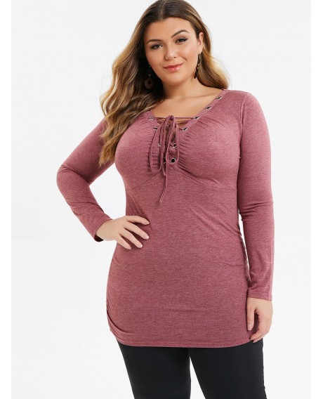 Plus Size Lace Up Grommet Long Sleeve Tunic Tee - Red Wine L