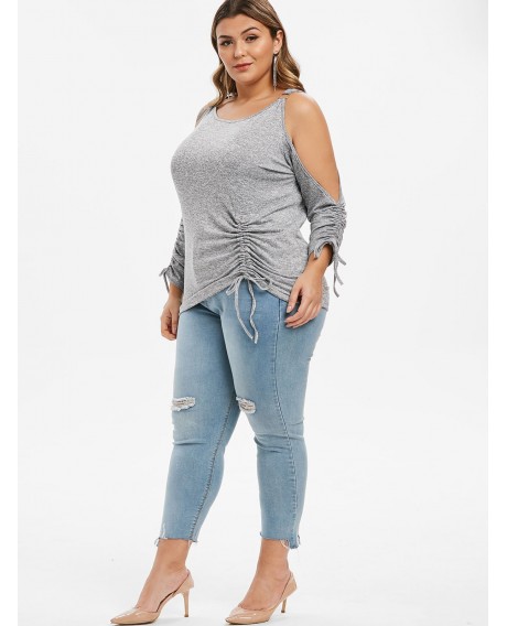 Plus Size Cold Shoulder Cinched High Low Tee - Gray Cloud L