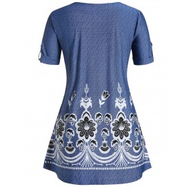 Plus Size U Neck Floral Print Tunic T Shirt - Blue Gray L