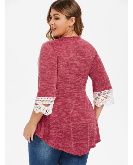 Plus Size Contrast Lace Space Dye T-shirt - Tulip Pink 1x