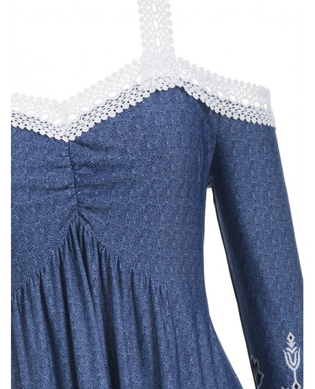Plus Size Open Shoulder Sweetheart Collar Printed T Shirt - Denim Dark Blue L