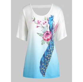 Plus Size Flower Peacock Print Ombre Cut Out Tee - White L