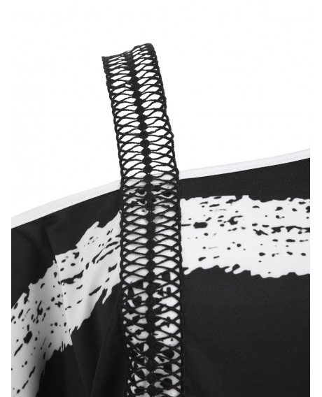 Floral Crochet Panel Plus Size Cold Shoulder Blouson Top - Black L