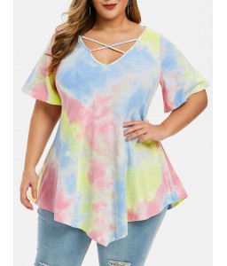 Plus Size Lace Insert V Neck Tunic T Shirt -  L