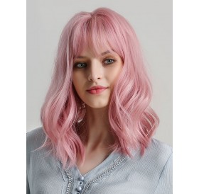 See-through Bang Wavy Medium Bob Synthetic Wig - Light Pink