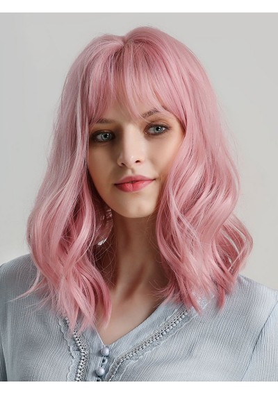 See-through Bang Wavy Medium Bob Synthetic Wig - Light Pink