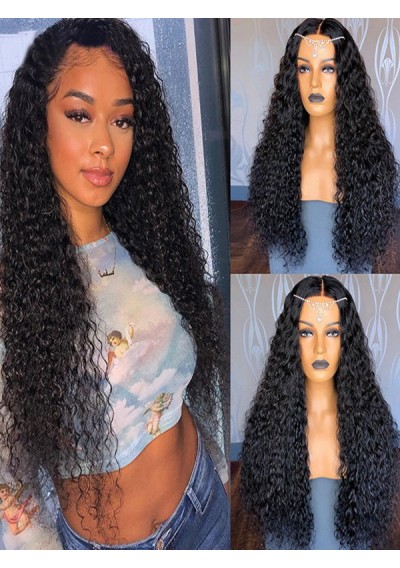 Synthetic Long Afro Small Curl Fluffy Center Part Wig - Black 24inch