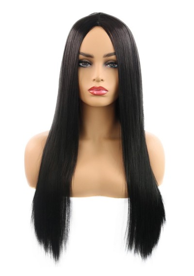 Synthetic Center Part Straight Long Wig - Black