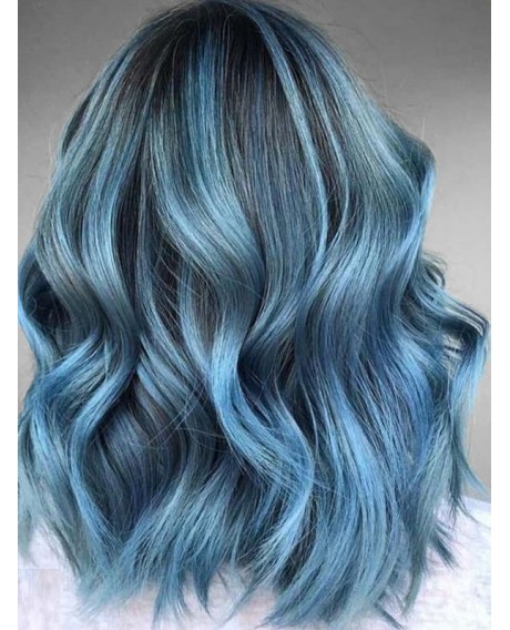 Center Part Synthetic Wavy Medium Cosplay Wig - Peacock Blue 14inch