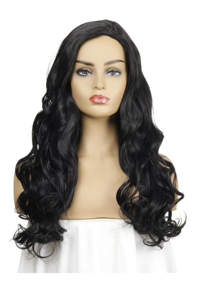 Side Part Synthetic Long Wavy Wig - Black