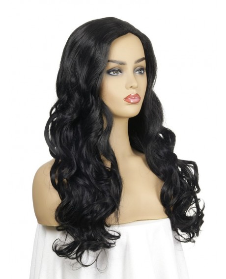Side Part Synthetic Long Wavy Wig - Black