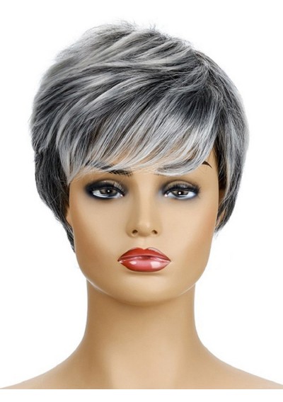 Short Mixed Straight Synthetic Side Bang Wig - White
