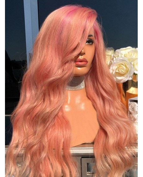 Long Wavy Synthetic Side Part Wig - Light Coral 24inch