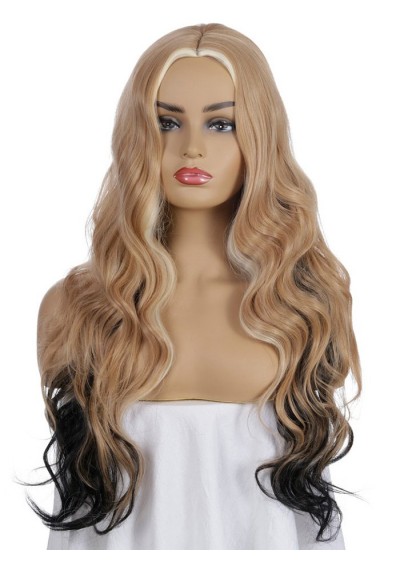 Synthetic Center Part Long Mixed Ombre Body Wave Wig - Tiger Orange