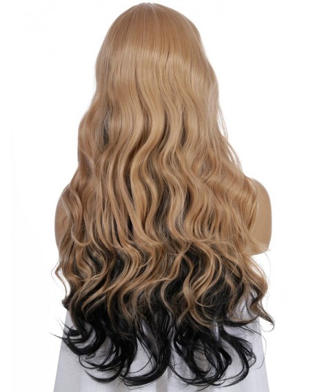 Synthetic Center Part Long Mixed Ombre Body Wave Wig - Tiger Orange