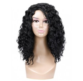 Side Part Small Curl Synthetic Medium Wig - Black