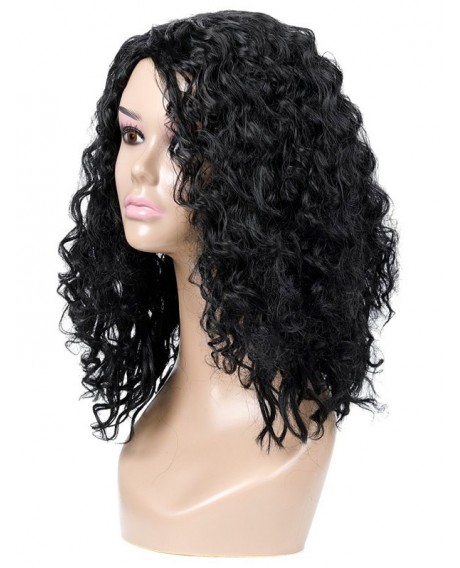 Side Part Small Curl Synthetic Medium Wig - Black