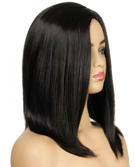 Side Part Synthetic Straight Medium Wig - Black