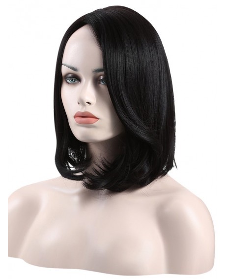 Short Tail Adduction Straight Bob Side Part Synthetic Wig - Black