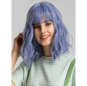 Medium See-through Bang Wavy Party Wig - Lavender Blue