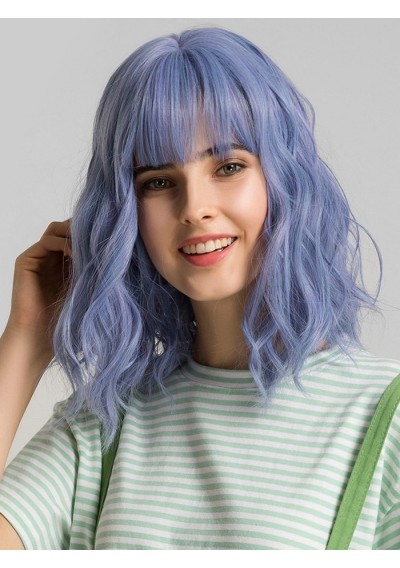 Medium See-through Bang Wavy Party Wig - Lavender Blue