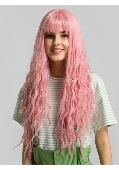 Natural See-through Bang Long Wavy Synthetic Cosplay Wig - Light Pink