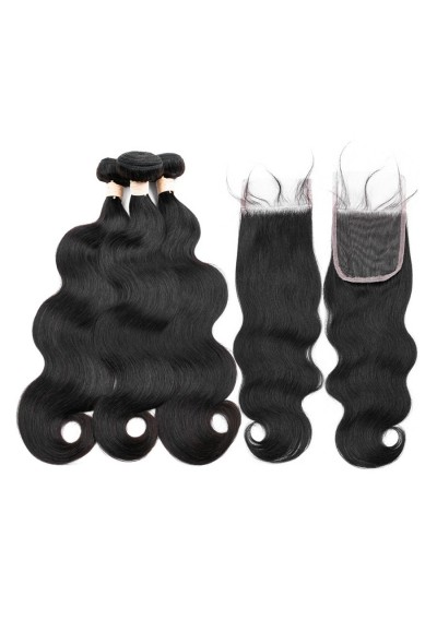 3Pcs Body Wave Human Hair Weft with 1Pc Free Part Hair Weft - Natural Black