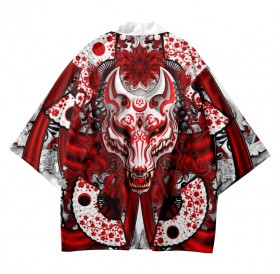 Japanese Fox Samurai Print White Kimono Streetwear Cardigan Beach Yukata Men Women Cosplay Haori Harajuku Tops Asian Clothing