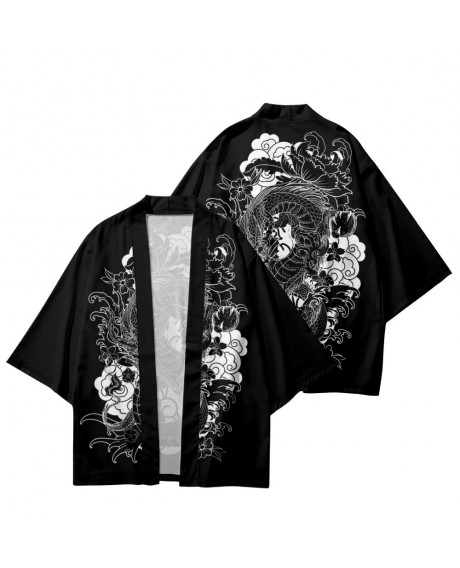 Black and White Drawing Cartoon Dragon Print Traditional Kimono Men Women Cosplay Cardigan Yukata Shirt Japanese Samurai Haori