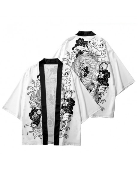Black and White Drawing Cartoon Dragon Print Traditional Kimono Men Women Cosplay Cardigan Yukata Shirt Japanese Samurai Haori