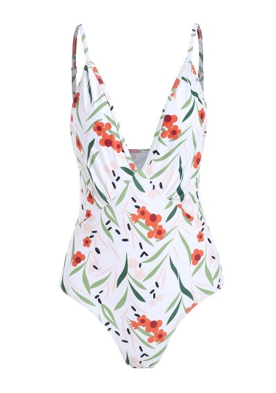 Floral Print Plunge Padded One-Piece Swimsuit - White M