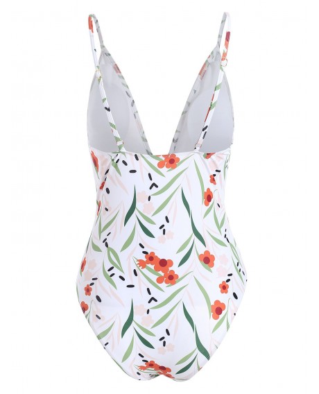 Floral Print Plunge Padded One-Piece Swimsuit - White M